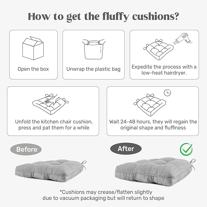 puredown® Chair Cushions for Dining Chairs, Tufted Memory Foam Chair Pads with Non-Slip Backing, Kitchen Seat Cushions with Ties, Washable Seat Pads Set of 4, 15.5" x 15.5" x 4", Pinky