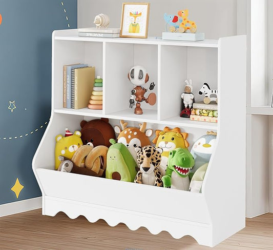 Wood Kid Storage Cubby, Toy Storage Organizer with Bookshelf, 32"L x 15"D x 31"H Montessori Toy Shelf, Nursery Book Shelves, Wooden 4-Cubby Children Book Shelf for Playroom Classroom, White