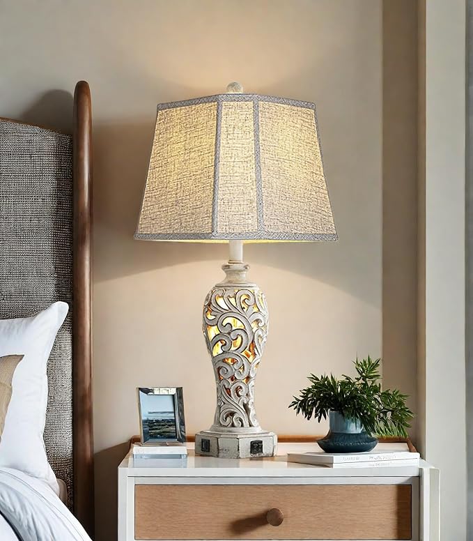 25'' Farmhouse Table Lamp for Living Room Bedroom, 2 USB Ports Vintage Rustic Nightstand Desk Lamp with Nightlight, White Hollow Out Resin Lamp for End Table (Bulb Included)
