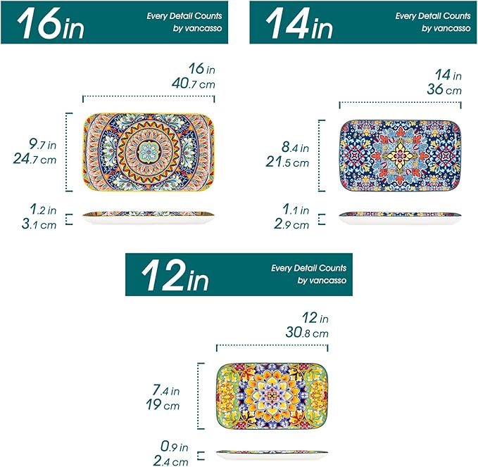 vancasso Serving Platters Set of 3, 16"/14"/12" Inch Rectangular Trays - Serving Platter Extra Large, Bohemian Ceramic Serving Dish for Entertaining Food, Microwave & Dishwasher Safe, Vintage