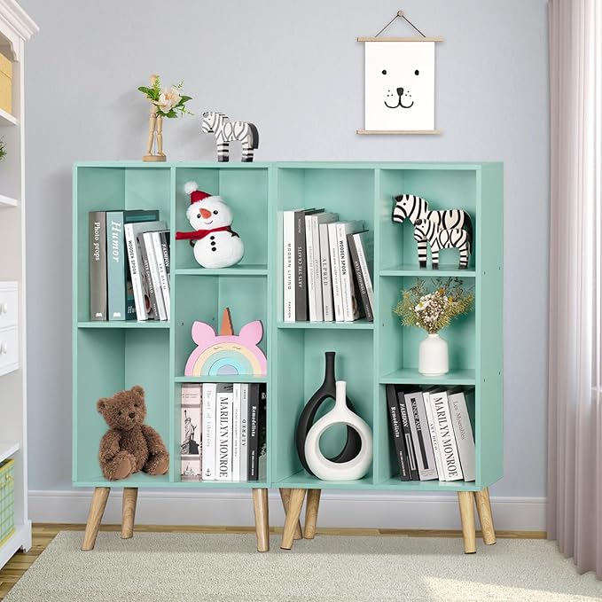 LEYAOYAO 5 Cube Bookshelf 3-Tier Bookcase with Legs,Mint Green Kids Book Shelf Cute Storage Organizer,Free Standing Open Toy Shelves Wood Bookshelves,Display Bookcases for Bedroom,Living Room,Nursery