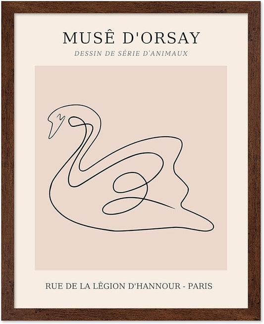 Poster Master Vintage Poster - Retro One Line Swan Drawing Print - Swan Art - Bird Art - Minimal Gift for Her, Animal Lover - Abstract Decor for Home, Office, Bedroom, 8x10 Brown Framed
