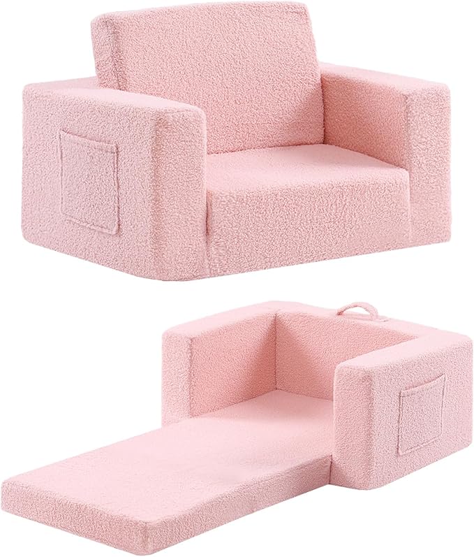 2-in-1 Toddler Chair Sherpa Couch - Soft Kids Lounger for Bedroom, Convertible Sofa for Girls and Boys, Reading Chair, Pink