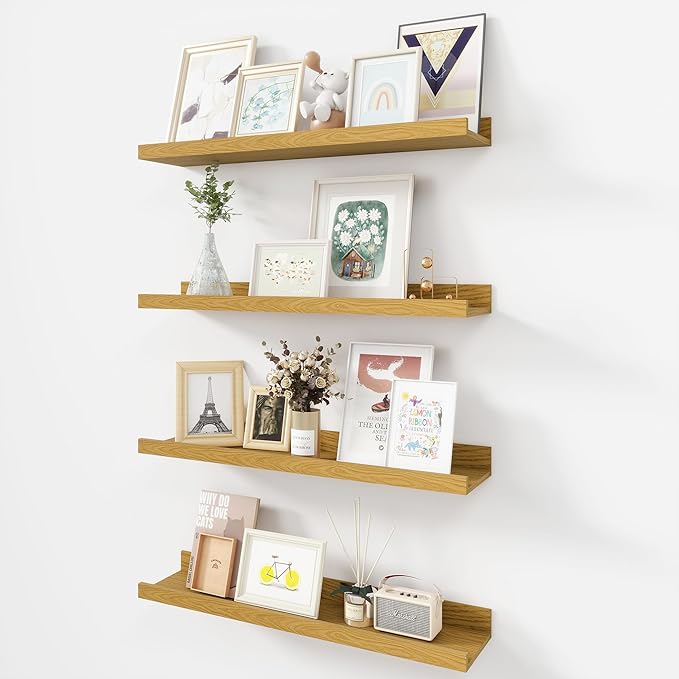 Picture Ledge Shelf, Wood Floating Shelves Set of 4, 24 inch Picture Ledge Shelves, Photo Ledge Nursery Book Shelves Wall Mounted for Living Room Kids' Room Bedroom, Color Oak
