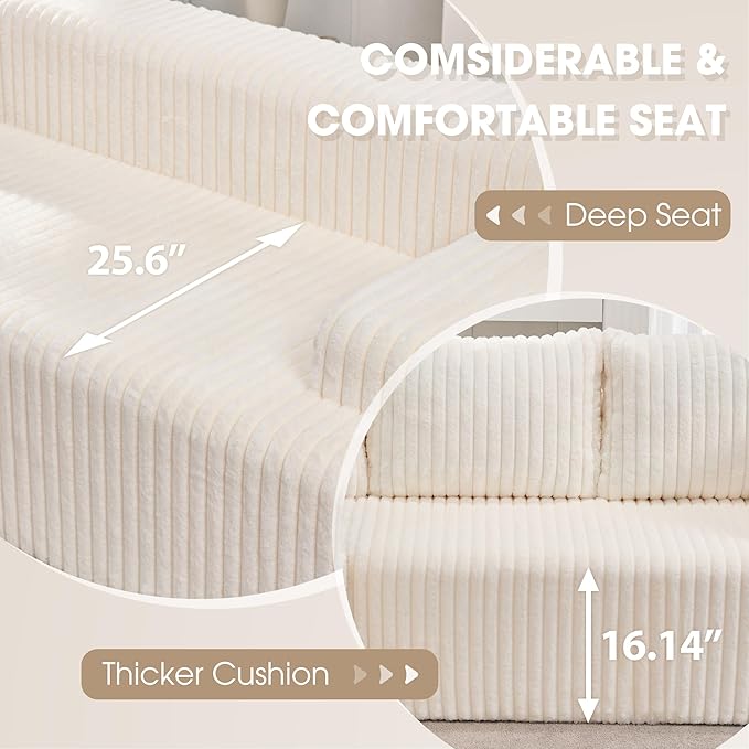 Hobestluk 96” Modular Sectional Sofa Couches L-Shape Couch 3 Seat Modular Sofa Memory Foam Sectional Couches for Living Room, Cloud Couch with Oversized Chaise (White, Stripe (Left Facing Chaise))
