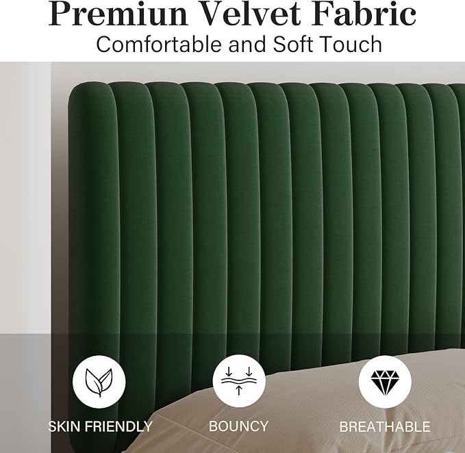 King Size Bed Frame, Velvet Upholstered Platform Bed with Vertical Channel Tufted Headboard and Footboard, No Box Spring Required, Easy Assembly, Green