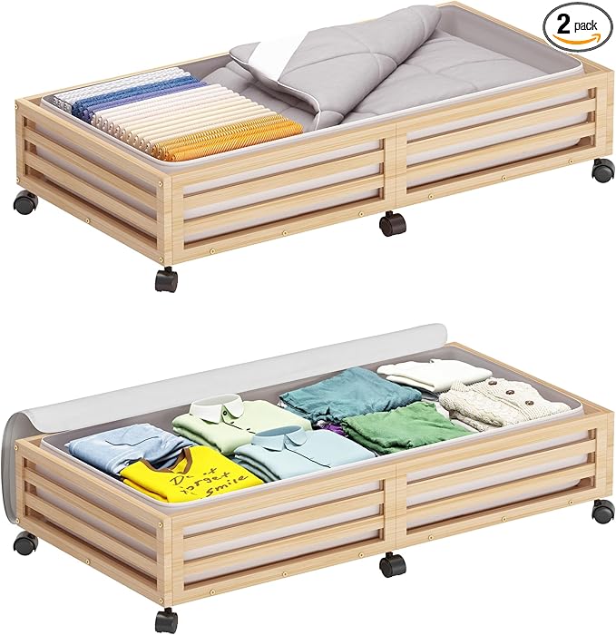 Bamboo Under Bed Storage Containers- Underbed Organizer with Wheels with Large Dust Bag,Sturdy Wood Rolling Under the Bed Shoe Storage Organizer Drawer 2 Packs (Nature, Long)