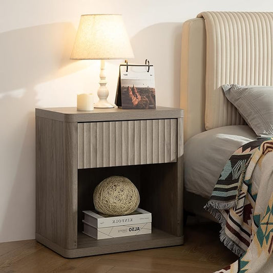 SICOTAS Night Stand Nightstand with Drawer Storage Fluted Bed Side Table End Table Large Modern Wide Bedside Stand Mid Century Night Stands for Bedroom Living Room Sofa Couch Home Office, Grey Alder