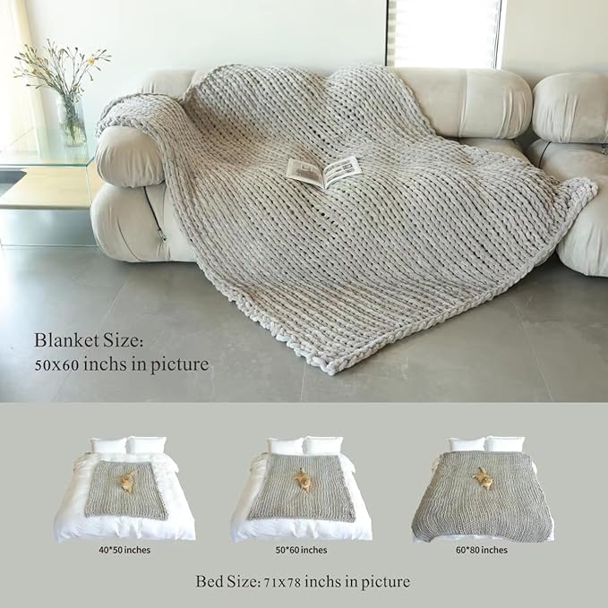 Maetoow Tighter Version Chenille Chunky Knit Blanket Throw （50×60 Inch）, Handmade Warm & Cozy Blanket Couch, Bed, Home Decor, Soft Fleece Banket, Boho Thick Blankets and Giant Yarn Throws，Beige