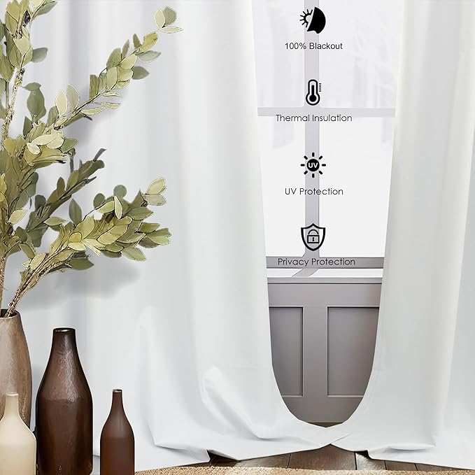White Linen Blackout Curtains 95 Inches Long 2 Panel Set Cute Burg Nosie Reducing Insulated Drape Fabric Thick Boho Curtains for Bedroom Heat Reflective Viral Curtain Back Tab Pocket Pleated 95 Length