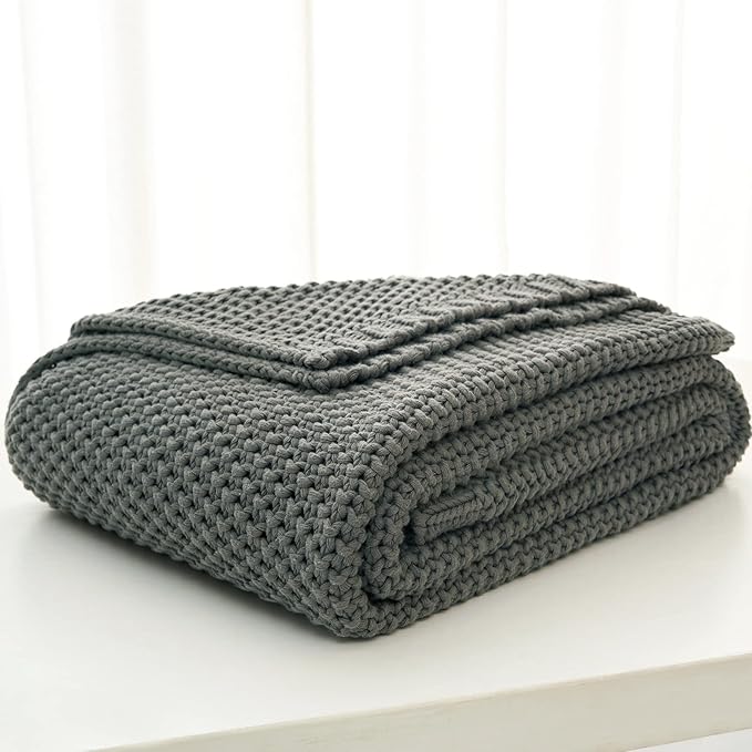 Longhui bedding Chunky Cable Knit Throw Blanket Lightweight Grey 100% Organic Cotton Blanket for Sofa Couch Bed Baby Nursery, Rustic Shabby Chic Modern Farmhouse, Gray 51” x 63” Give Laundering Bag