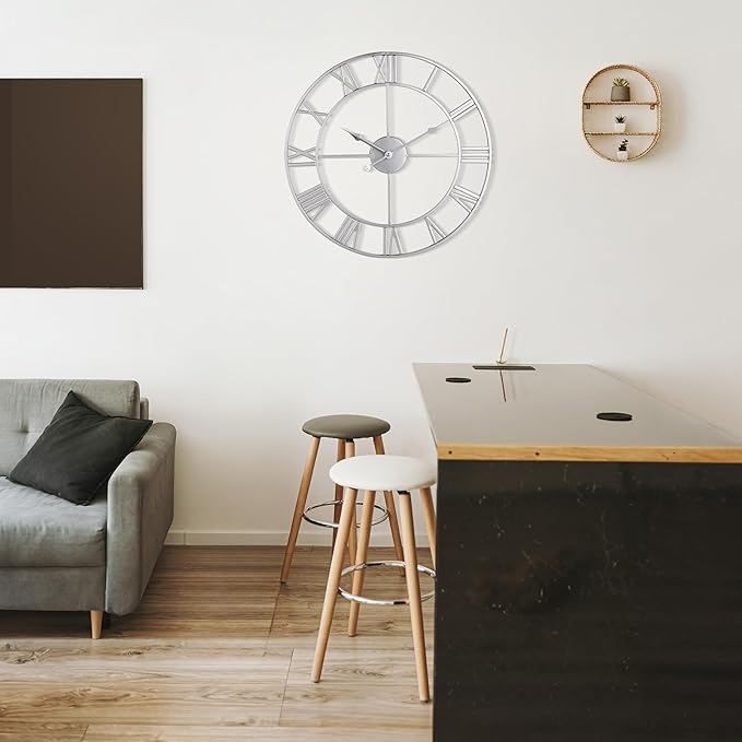 Large Wall Clock - 40cm/ 16 Inches Silent Non-Ticking Metal Wall Clock, Vintage Modern Silver, Battery Operated, Ideal for Living Room, Bedroom, Office, Farmhouse Decor