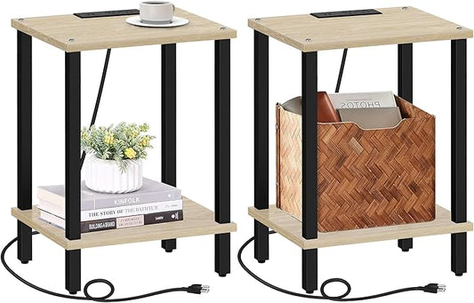 TUTOTAK End Table with Charging Station, Set of 2, Small Side Table with Outlets, Nightstand Bedside Table, 2-Tier Storage Shelf for Small Space, Living Room, Bedroom Oak TB01BO041