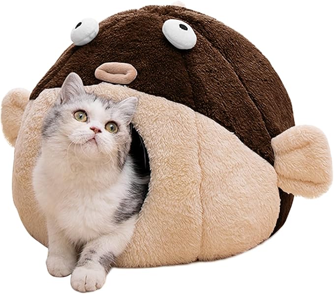 Cat Beds for Indoor Cats - Cat Bed Cave with Removable Washable Cushioned Pillow, Soft Plush Premium Cotton No Deformation Pet Bed, Lively Pufferfish Cat House Design, Brown, Multiple Sizes(L)