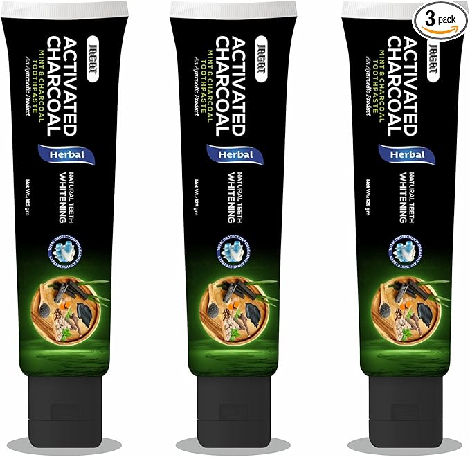 Jagat Activated Charcoal Toothpaste, Teeth Whitening Mint Flavor Toothpaste, Fluoride Free Natural, Removes Plaque, No Artificial Colors, BPA Free, Gum Cure, Vegan - Pack of 3 (4.4 OZ X 3 Tubes)