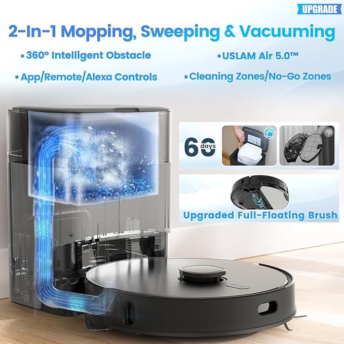 Robot Vacuum and Mop Combo, Self-Emptying, 60-Day Capacity, Schedule, 180mins Runtime, Home Mapping, Wi-Fi/App/Alexa/Remote, Robotic Vacuum Cleaner for Pet, Hard Floors, Carpet