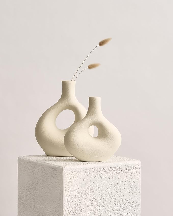 NOBULA White Ceramic Donut Vases – Modern Home Decor for Living Room, Bedroom & Table Centerpiece - Minimalist Nordic – Unique Vases for Olive Plant & Flowers – Decorative Coffee Table Vase Set of 2