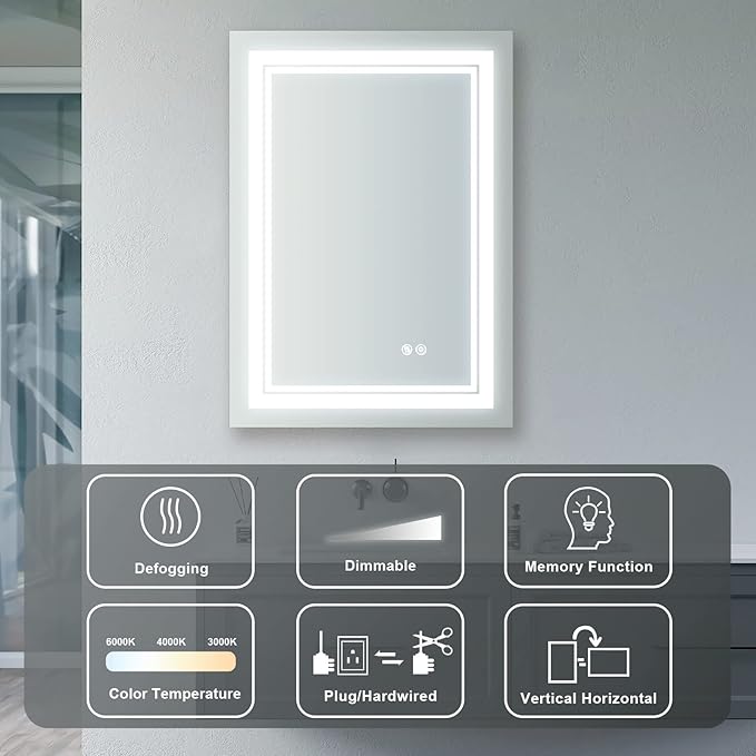 WELLFOR LED Bathroom Vanity Mirror 24 x 32 Inch, Lighted Anti-Fog Dimmable Mirror, IP44 Waterproof Wall Mounted Makeup Mirror, Packed with US Standard Plug and Touch Switch, (Horizontal/Vertical)