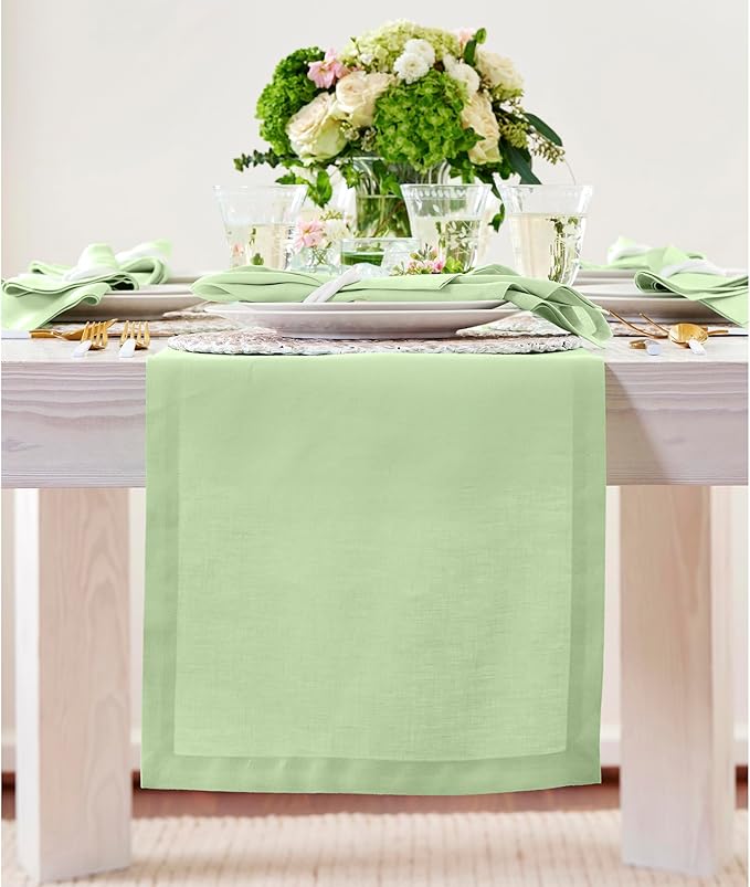 Solino Home Linen Table Runner 120 Inches Long - 100% Pure Linen Pastel Green Table Runner 14 x 120 Inch - Fete