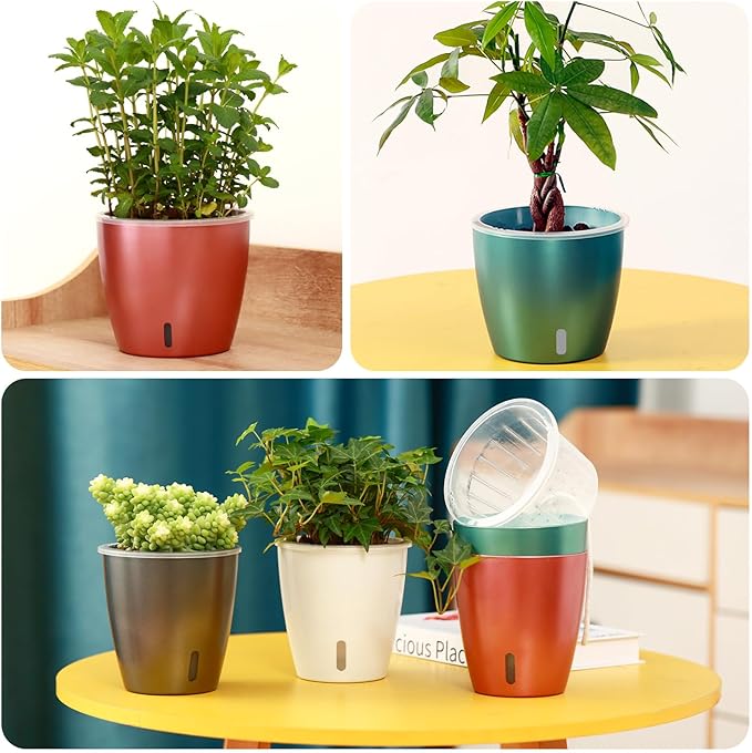 Self Watering Pots for Indoor Plants, 12-Pack 5'' Self Watering Planter with Drainage Holes, Small African Violet Pots with Water Indicator, Clear Wick Pot, White/Black/Blue/Rose Gold