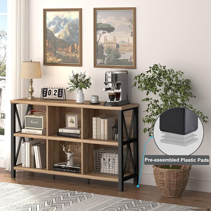 FATORRI 6 Cube Storage Organizer with Shelf, Long Wood and Metal Cubby Bookcase, Industrial Horizontal Bookshelf (Rustic Oak, 47 Inch)