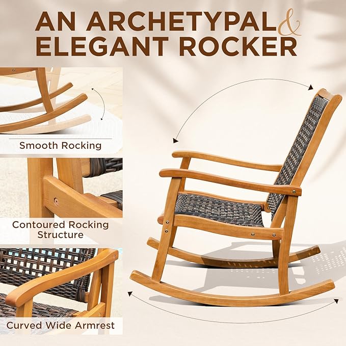 IDZO Wood Wicker Rocking Chair, 400 lbs Capacity, Durable Eucalyptus Wood, Natural Finish, Comfortable Curvy Design, Ideal for Deck, Patio Furniture, and Outdoor Furniture Accent Chair