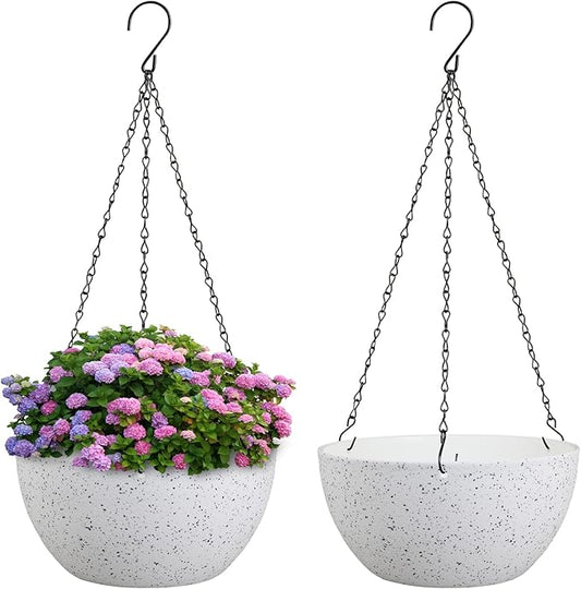 8 inch Hanging Planters for Small Indoor Outdoor Plants, 2 Pack Hanging Flower Pots with Drainage Holes and Chain for Garden Porch, Plastic Hanging Baskets for House Plants, Speckled White