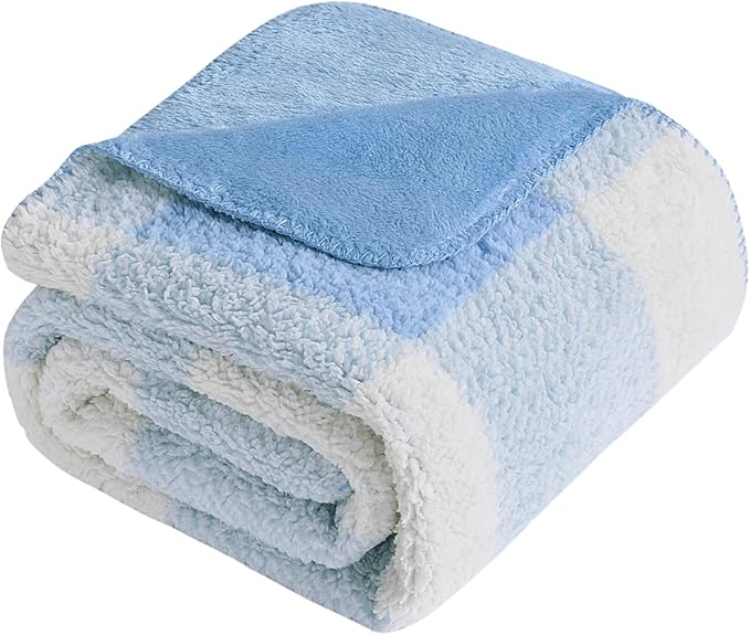 LURKA Checkered Sherpa Fleece Twin-Size Bed Blanket - Extra Thick and Warm Winter Soft Fuzzy Plush Blanket for Couches, Beds & Pets, Glacier, 60x80 Inches