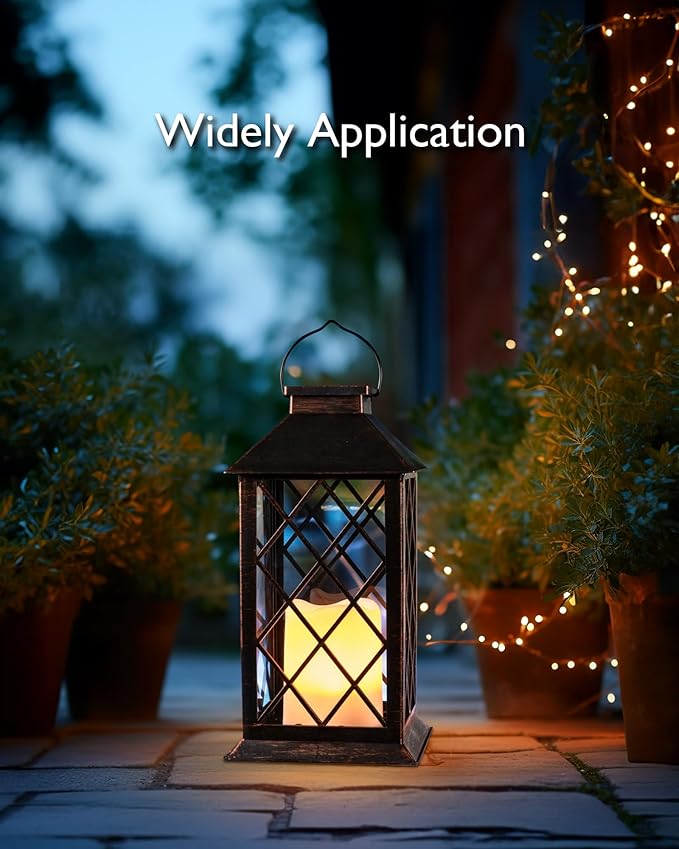 Homemory Solar Lanterns Outdoor Waterproof Hanging with Flickering Flameless Candles, 2 Pack 13'' Garden Outdoor Lantern Decorative for Patio Front Porch Backyard Balcony Cabin Outside(Antique Copper)