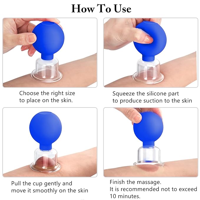 4 Size Facial Cupping Therapy Set Glass, Eye Face Vacuum Massage Anti Cellulite Cup - Silicone Cupping Massage Therapy, for Beauty Body Cup Fascia Massager (Gift Box Packaging-Blue)