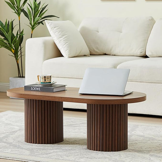Oval Fluted Coffee Table, Farmhouse Wood Coffee Table Mid Century Modern Center Table Boho Living Room Tables for Living Room Office (Walnut, 19.69" D x 39.38" W x 13.78" H)