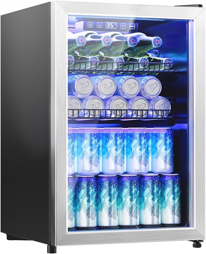 2.5 Cu.Ft Beverage Fridge, Mini Fridge With Glass Door, Beverage Cooler Refrigerator, Wine Drink Beer Cooler, Adjustable Shelves & Digital Temperature Display, 22 Bottle 95 Can