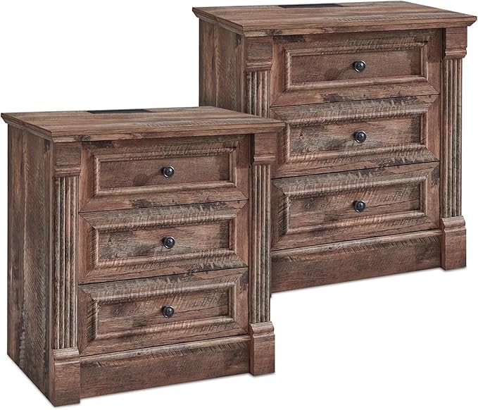 26" Tall Farmhouse Nightstand Set of 2, 3 Drawers End Table w/Charging Station, 23.6" Wide Large Side Table w/Roman Column, Wood Rustic Sofa Table for Bedroom, Light Brown