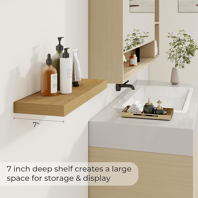 24 inch Floating Shelves Long Floating Shelves for Wall Large Wall Mounted Shelves with Invisible Brackets, Oak Shelves for Bathroom, Living Room, Kitchen, Office, 24x6.7 inch deep Set of 2