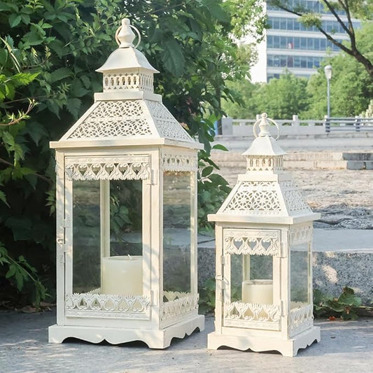 NEEDOMO Lanterns Decorative Outdoor & Indoor, Set of 2 Outdoor Lanterns for Porch,Large Square Candle Lantern, Beige Metal Frame with Glass for Fall, Christmas