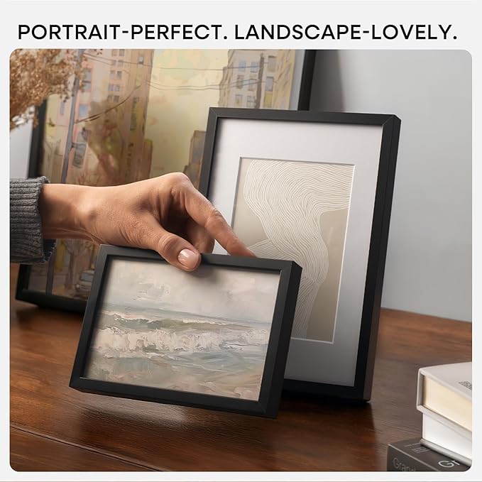 Homeforia A4 Picture Frame Black, High End Metal 8.3 x 11.7 Frames for Wall, A4 Photo Frame with Mat for A5 inch Print, 8.25 by 11.75 Black Poster Frames, 8.3x11.7 Frame with Glass, Wall Kit, Set of 1