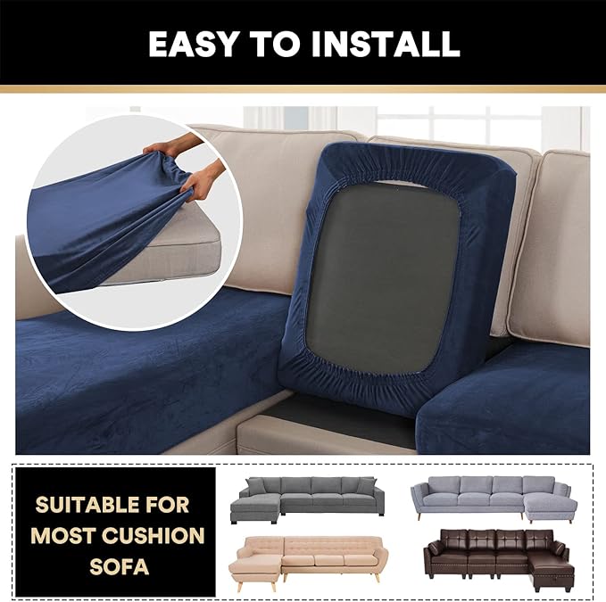 PrinceDeco Sectional Couch Covers 4 Pieces Couch Covers for Sofa Velvet Separate Couch Cover L Shape for Left/Right Chaise(3 Seater + 1 Chaise,Navy)