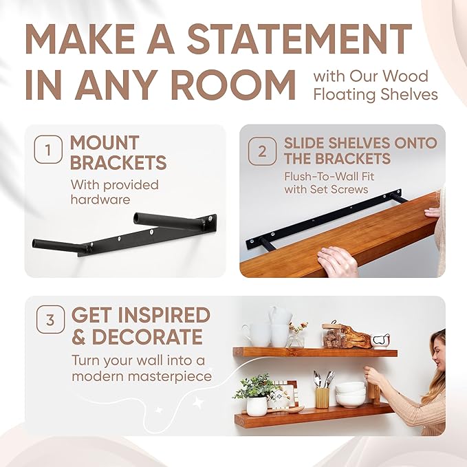 Homeforia Oak Floating Shelves 36 inches Long, High End Solid Real Wood 36 inch Floating Shelf for Room Wall, Honey Oak Wooden 36inch Kitchen Shelves, Heavy Duty Bracket, 36 X 6.5 X 1.75 in, Set of 2