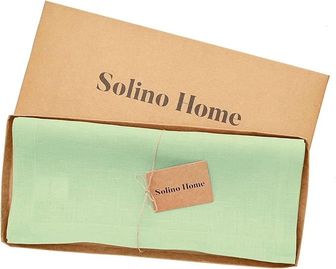Solino Home Linen Pastel Green Table Runner 36 Inches - 100% Pure Linen Farmhouse Short Table Runner 14 x 36 Inch Ideal for Dresser and Coffee Tables - Fete