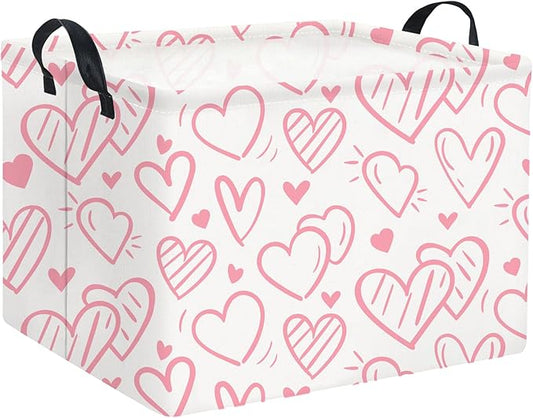 HIYAGON Rectangular Pink Basket Kids Baby Storage Bin Toy Basket Organizer Box for Girls Love Room Decor(Pink Striped Heart)