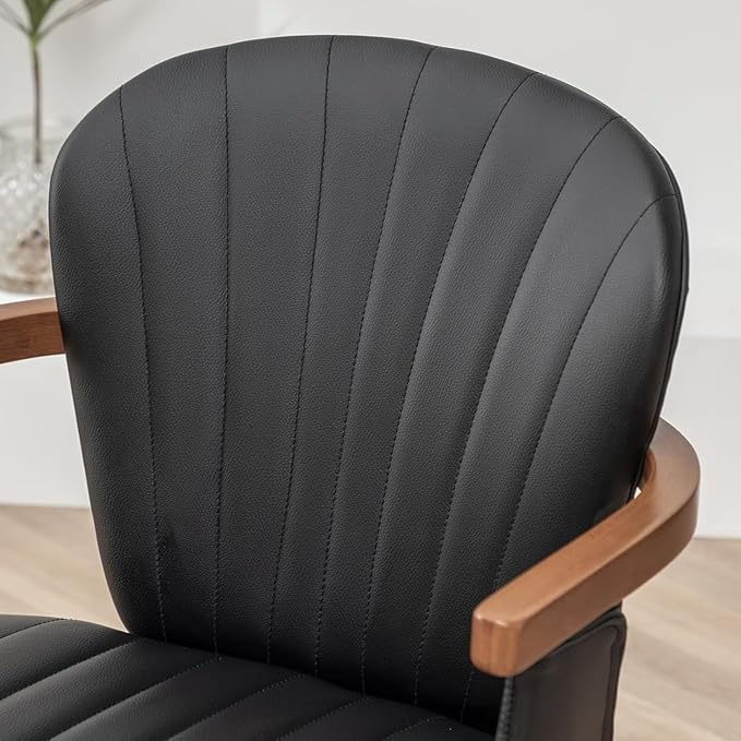 LUNLING Swivel Dining Chairs Set of 4, Mid Century Modern Black Faux Leather Kitchen Chairs with Arms,Bamboo Legs Side Chairs No Wheels,Accent Chair for Dining Rooms and Offices