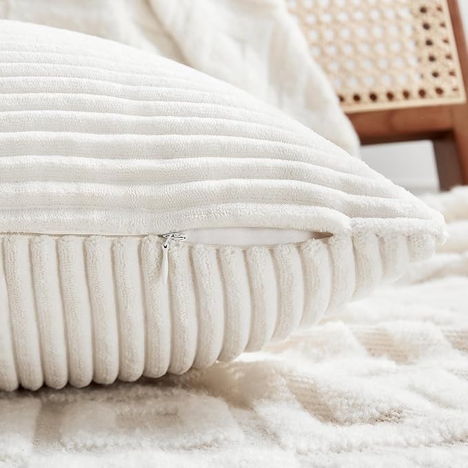 Fancy Homi 2 Packs Cream White Long Lumbar Decorative Throw Pillow Covers 12x24 Inch for Couch Bed Sofa, Rustic Farmhouse Boho Home Decor, Soft Striped Corduroy Rectangle Accent Cushion Case 30x60 cm