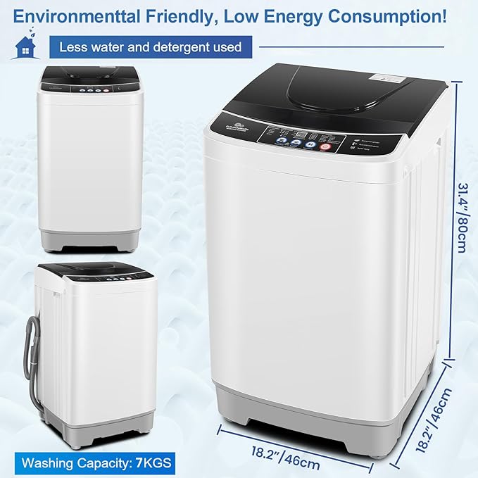 Nictemaw Portable Washing Machine 15.6Lbs Capacity Portable Washer with Drain Pump 2.1Cu.ft Full-Automatic Compact Washer with 10 Programs 8 Water Level for Home, Apartment, RV, Dorms