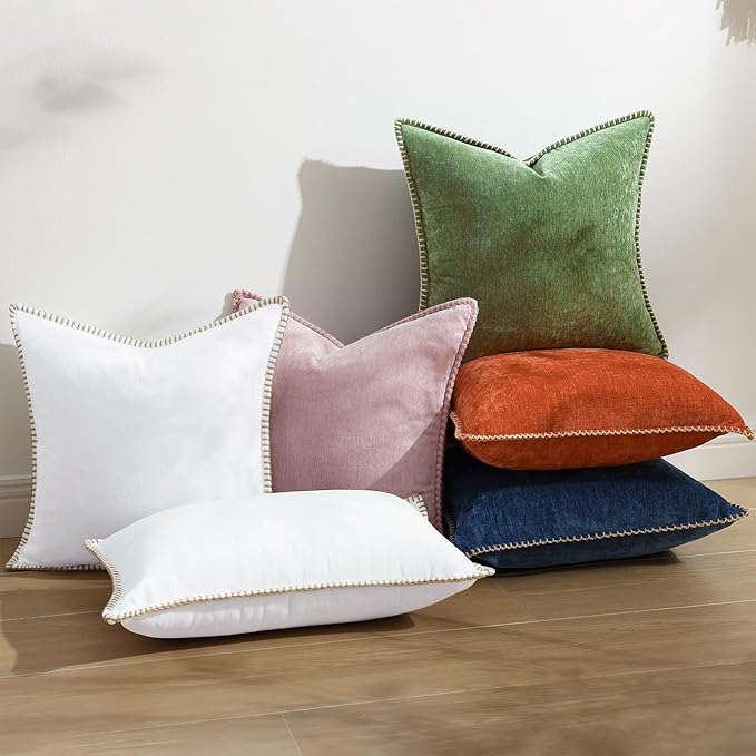decorUhome Fall Chenille Soft Throw Pillow Covers 12x20 Set of 2, Lumbar Velvet Farmhouse Neutral Decorative Euro Pillow Covers with Stitched Edge for Couch Sofa Bed Home Decor, Forest Elf