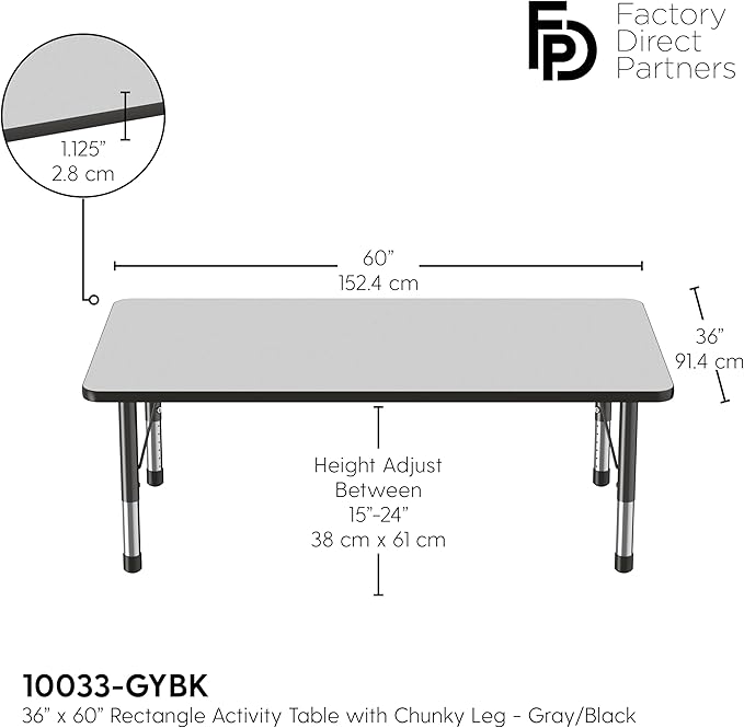 FDP Rectangle Activity School and Classroom Kids Table (36 x 60 inch), Toddler Leg, Adjustable Height 15-24 inches - Gray Top and Black Edge
