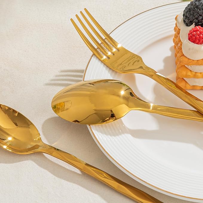 KINGSTONE Gold Silverware Set, Luxury 60 Piece Flatware Set for 12, 18/10 Stainless Steel Cutlery Set with Diamond Cut Pattern for Kitchen, Home, Wedding, Party, Mirror Polished and Dishwasher Safe