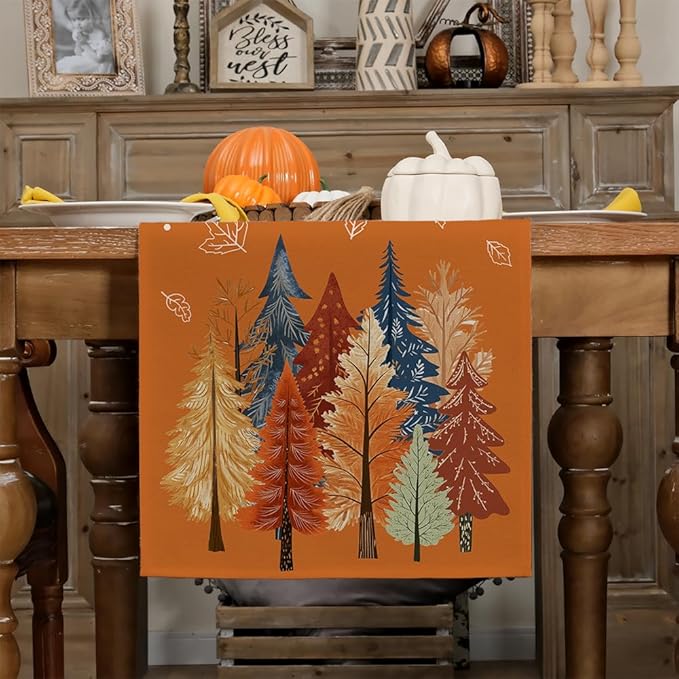 GEEORY Fall Watercolor Trees & Maple Leaves Table Runner 13x120 Inch, Rustic Farmhouse Autumn Thanksgiving Decor for Kitchen, Dining, Indoor/Outdoor Holiday Dinner Party Orange GT158-120