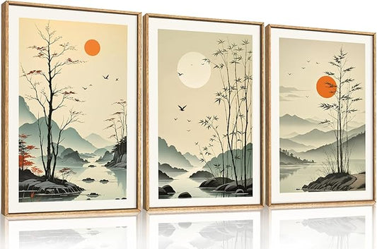 Celestdeco Chinoiserie Bamboo Forest Framed Canvas Wall Art Set, Nature Tree Lakes Wall Decor, Minimalist Zen Landscape Wall Painting, Watercolor Art Prints for Living Room, Bedroom, Office 24"X36"X3
