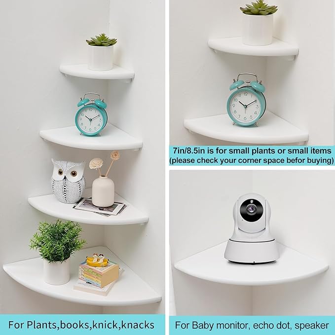 Corner Shelf, Solid Oak Wood Floating Corner Shelf Wall Mount Round End Floating Speaker Shelves with Wire Hole for Small Plant Photo Frame for Bedroom Kitchen, Living Room (White, 7.1in)