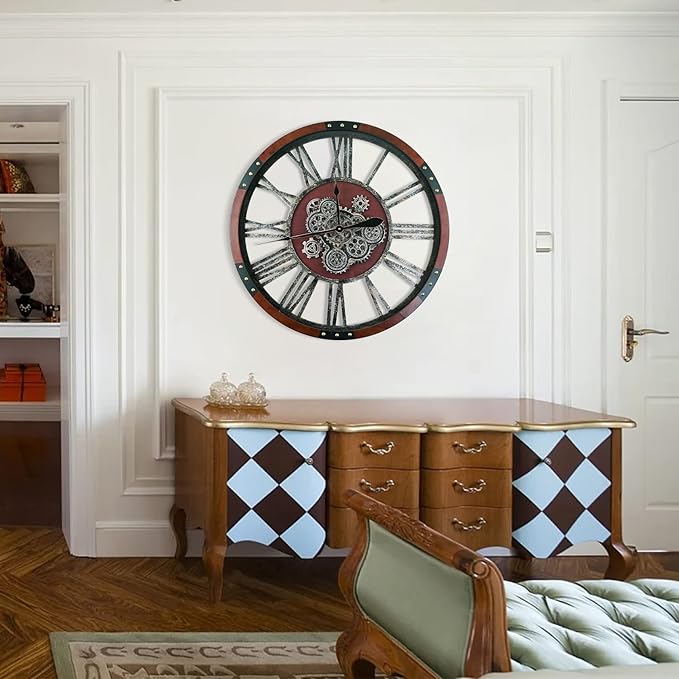 30Inchs Moving Gears Wall Clock, Oversized Wall Clocks, Clock Living Room Decor, Solid Wood Frame, Battery Operated, Large Wall Clock with Steampunk Industrial for Fireplace(Black Walnut)